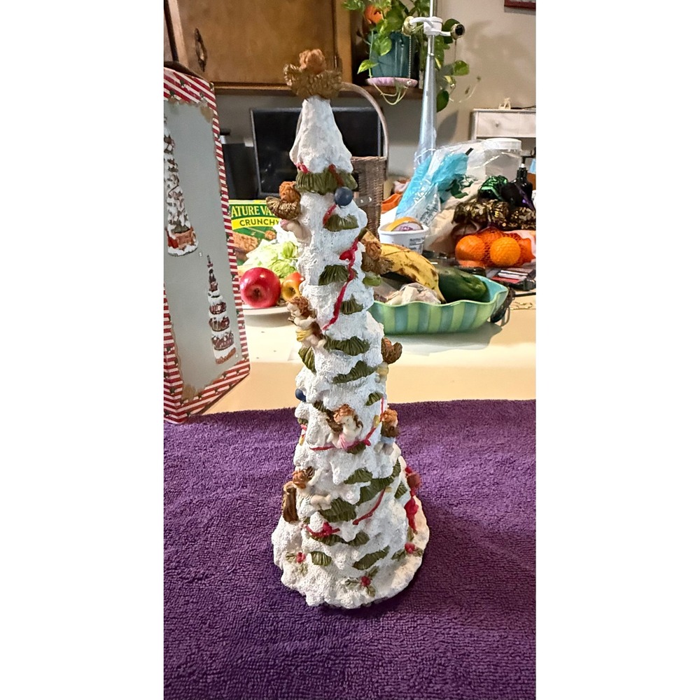 Vintage Style Flocked Christmas Tree Figurine with Cherub Angels 11.5 Inch